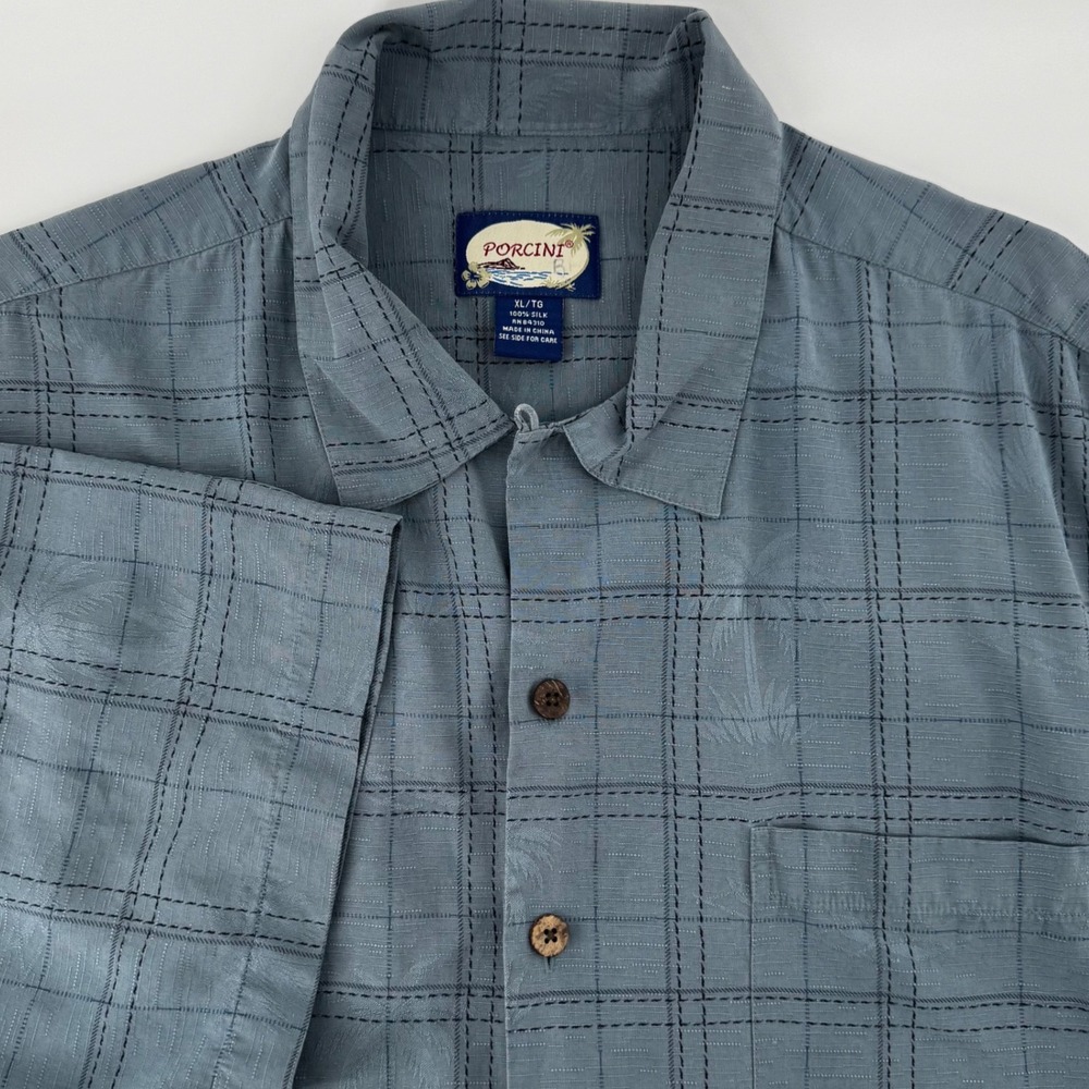 Porcini Mens XL‎ Silk Short Sleeve Button Up Shirt Plaid Tropical Vacation